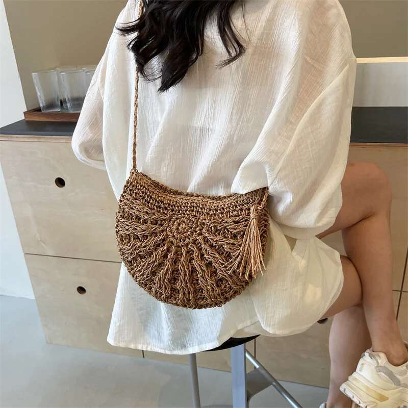 Half Round Straw For Women Summer Beach Rattan Shoulder Bag Zipper Woven Crossbody Handbags Bohemia Vacation