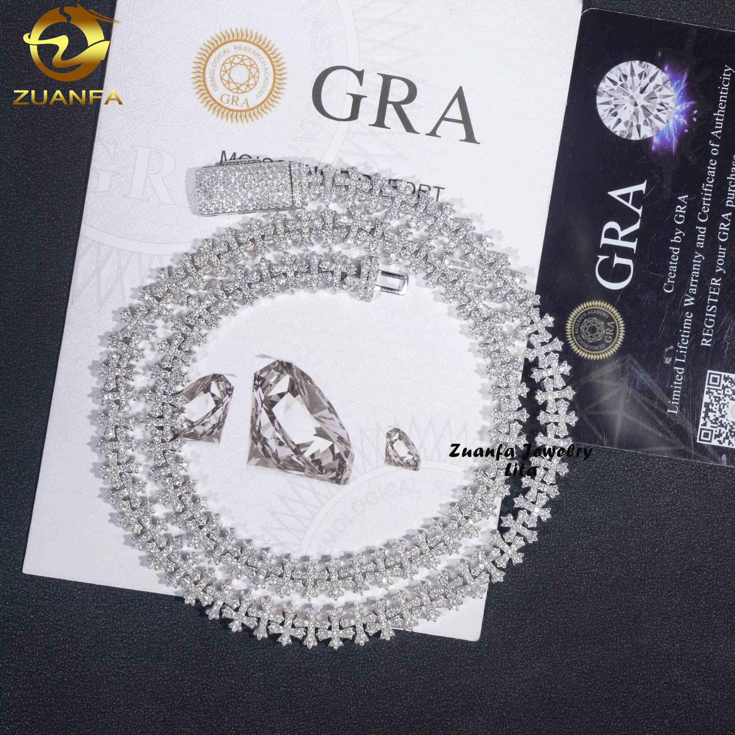 New Arrivals Hip Hop Iced Pass Test Silver 8mm Cross Necklace VVS Moissanite Cuban Link Chain