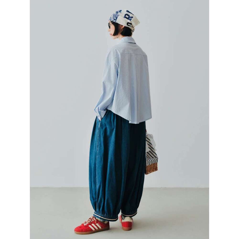 IMAKOKONI Original Design Lapel Long Sleeved Lace Patchwork Blue Striped Shirt For Women 244738