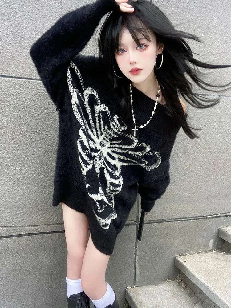 KOSAHIKI Grunge Sweater Fashion Streetwear Y2k Aesthetic Blackpullover Skull Print Gothc Women Jumper Haruku Loose Knitwear fashion clothing women