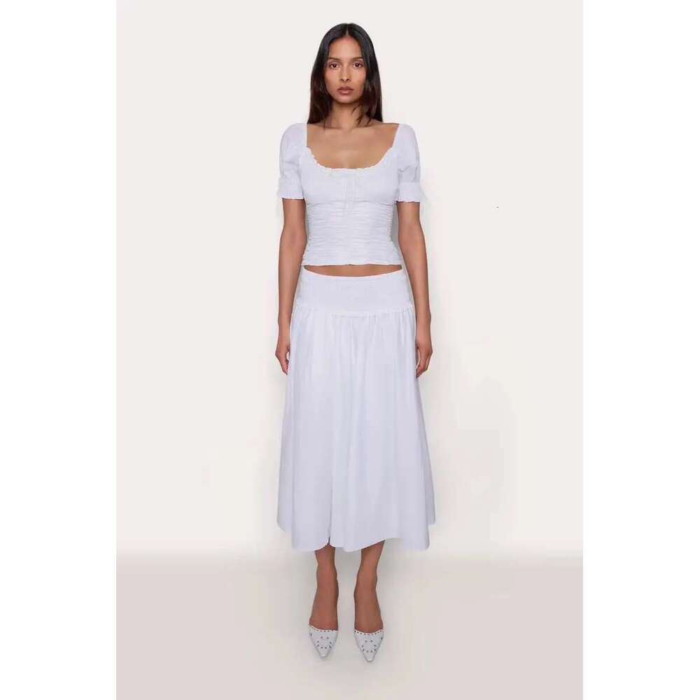 Guizio White Short Sleeved Shirt Cinched Waist And Bubble Sleeves, Designed With Bella Beer Girl's Retro Half Skirt