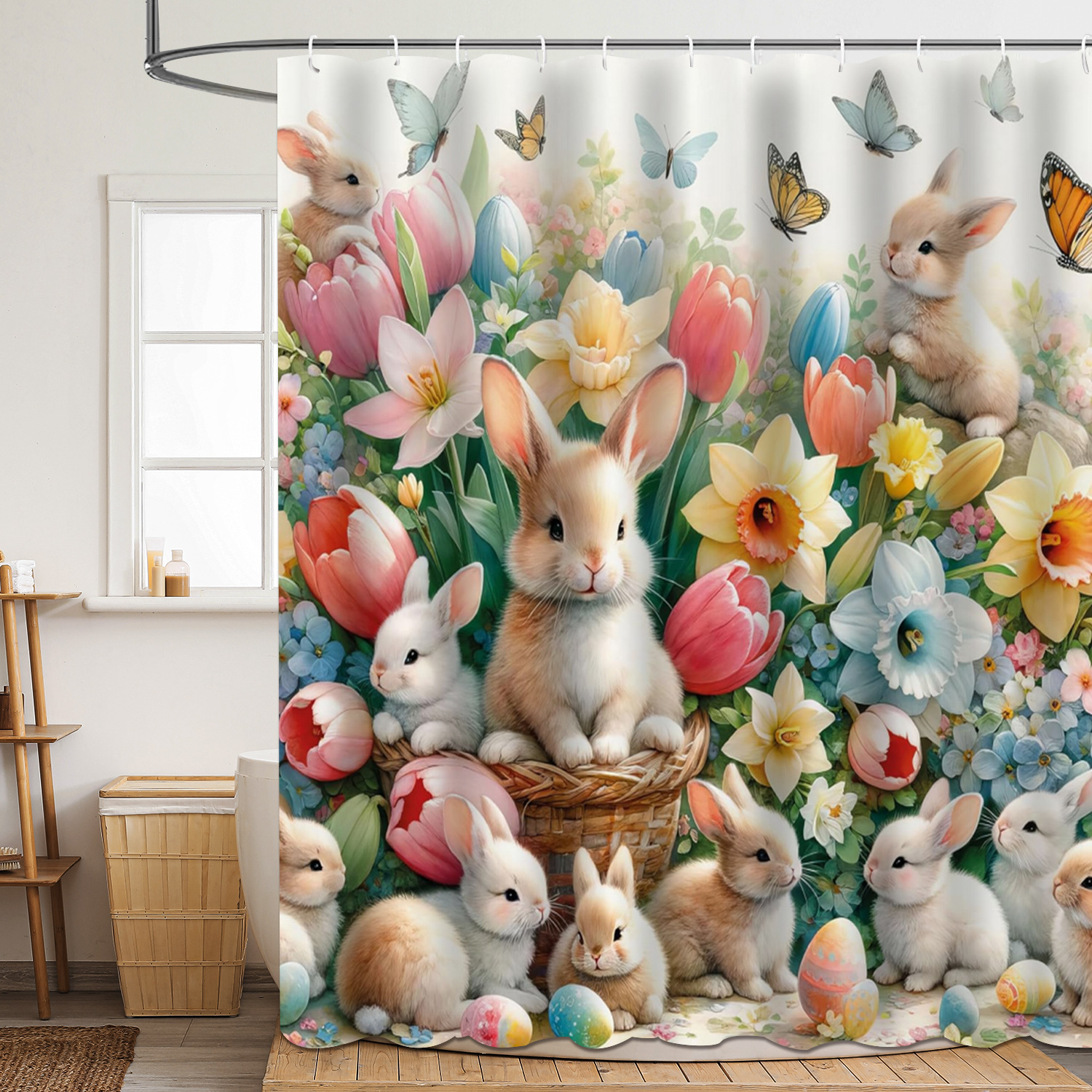 YL-37844 Shower curtain digitally printed with Easter bunny and egg designs, polyester waterproof and mildew-proof shower bathroom partition curtain