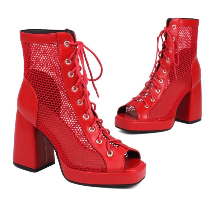 Spring and Autumn Sexy Open Toe Transparent High Heel Dance Shoes Ankle Boots Womens Mesh Hollow Lace Sandals 250428