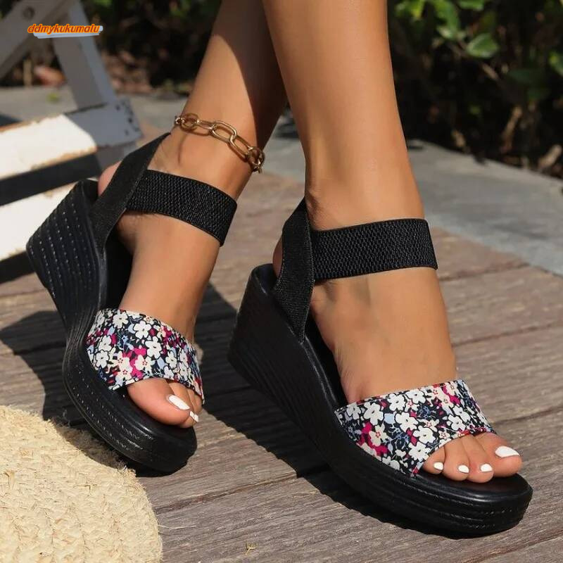 Fashion Floral Ladies Casual Broadband Open Toe Wedge Comfortable Elegant Sandals For Beach Flat Summer Shoes ddmykukumalu