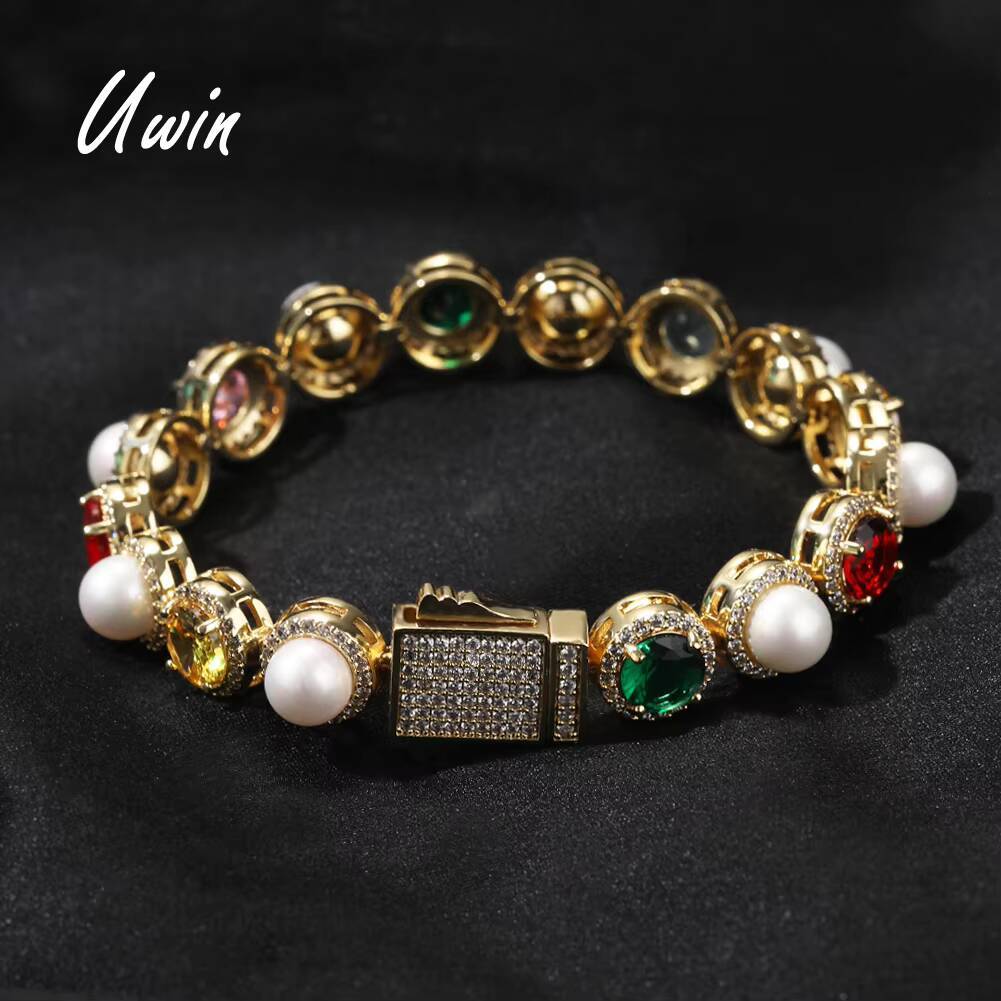 UWIN Retro Women Bracelet Vintage Gem ZIRCON Ruby Stone Pearl Bracelet 18K Gold Plated Jewelry