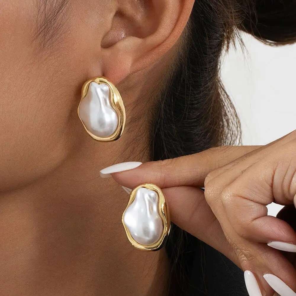 Exquisite Irregular Baroque Pearl Stud For Women Girls Vintage Gold Color Metal Edged Earrings Jewelry Accessories