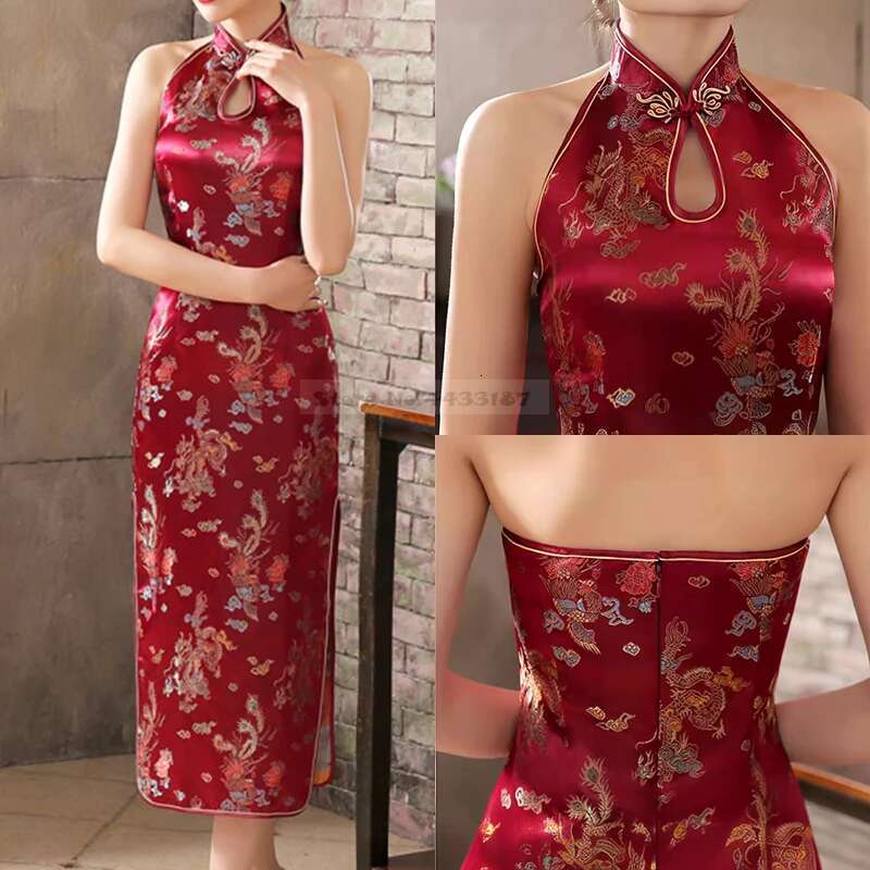 Sexy Backless Sleeveless Cheongsam Female Retro Classic Brocade Chinese Qipao Dress Plus Size Dragon And Phoenix Vestidos 3Xl