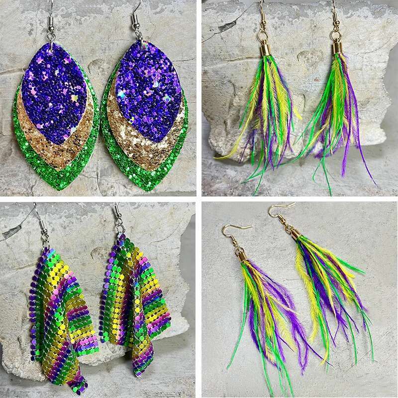 Carnival Purple Green Yellow Soft Feather Shining Water Drop Leather Glitter Pendant Personalized Metal Mesh Earrings