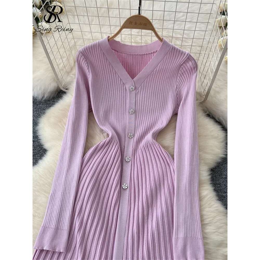 SINGREINY Autumn Knitting Sweater Ladies V-Neck Single Breasted Full Sleeve Soft Slim Senior Knitted Casual Long Dress