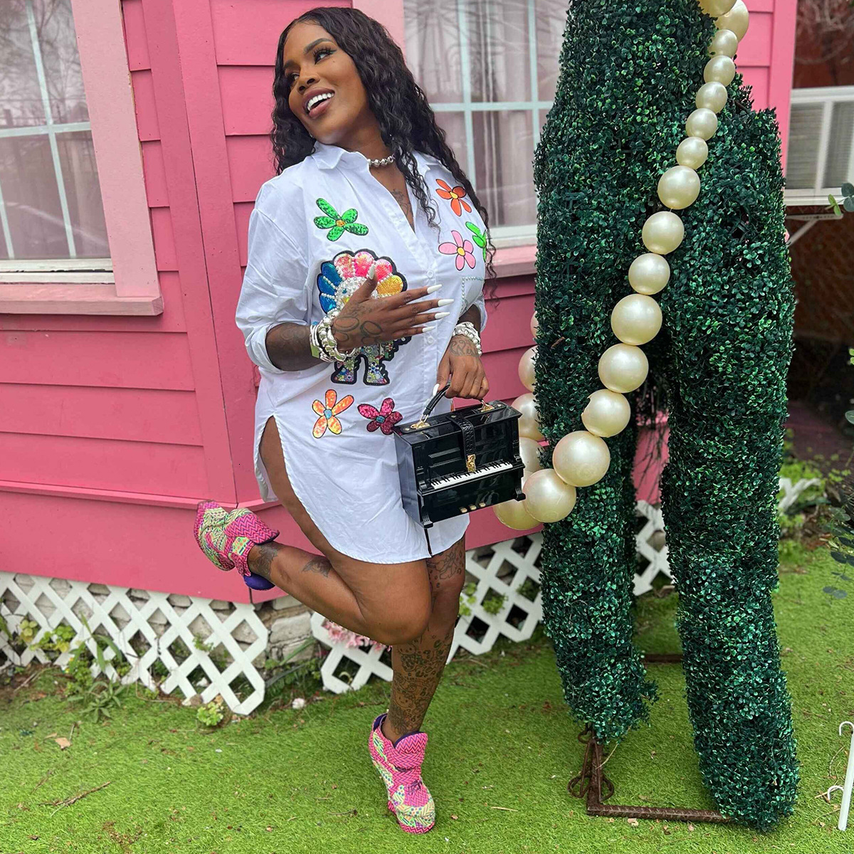 Women Shirt 2025 Spring Summer Printed Pearl Chain Trendy Long Sleeve Shirt Loose Medium Length