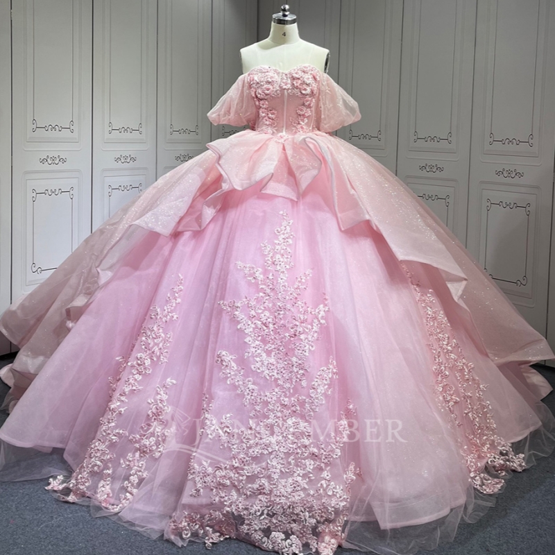 Pink Princess Quinceanera Dresses Off Shoulder Applique Lace Beads Tull Sweet 16 Dress Ball Gown Vestidos 15 Anos