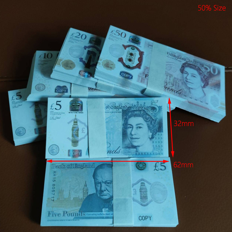 Fake Money UK Paper Toys Pounds British 5 10 20 50 Prop Money Copy Money Movie Banknotes Toy For Kids Christmas Gifts Or Video Film 100PCS/Pack 62*32mm 50% Size