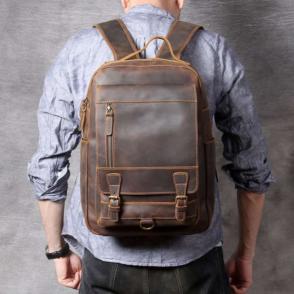 S.Worker Vintage Genuine Backpack Laptop Crazy-Horse Leather School Outdoor Travel Weekender Shoulder Bag
