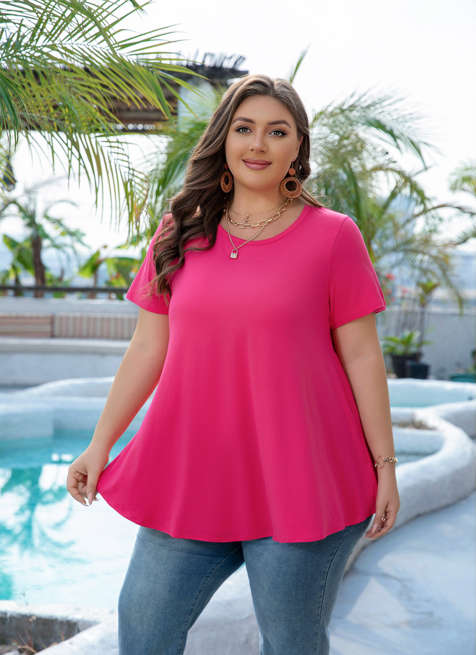 Tunic Tops for Women Plus Size Short Sleeve Crew Neck Swing Flare Loose T-Shirt Blouses to Wear with Leggings Hot Pink Tunic
