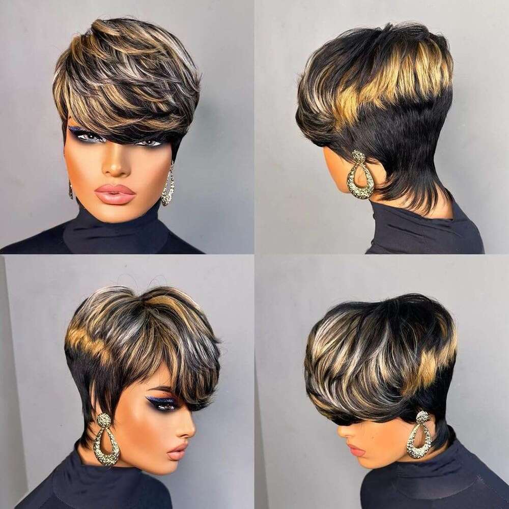 PangDongLai Cut for Black Women 1B/30/613 Trend Color Short Layered Pixie Wigs With Bangs Brazilian Straight Real Human Hair Glueless Full hine Made (