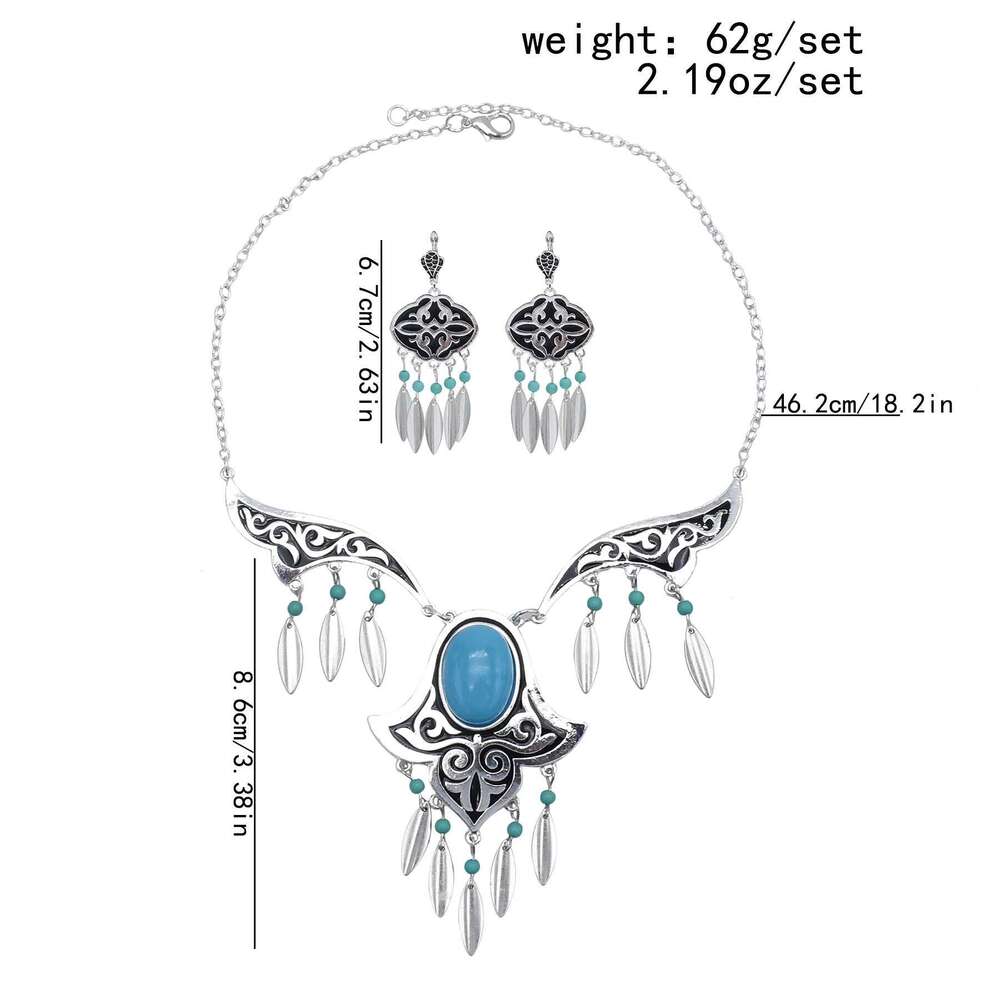Bohemian Vintage Blue Acrylic Stone Beads Tassel Choker Necklace Earrings For Women India Gypsy Boho African Ethnic Jewelry Set