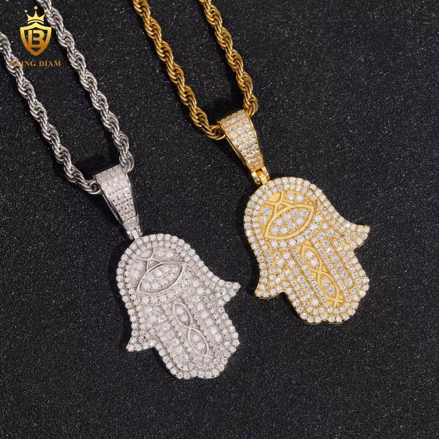 Hiphop Palm Pendant Charms 925 Sterling Silver Round Brilliant Cut Moissanite Pendant D VVS GRA Certified Fashion Pendants
