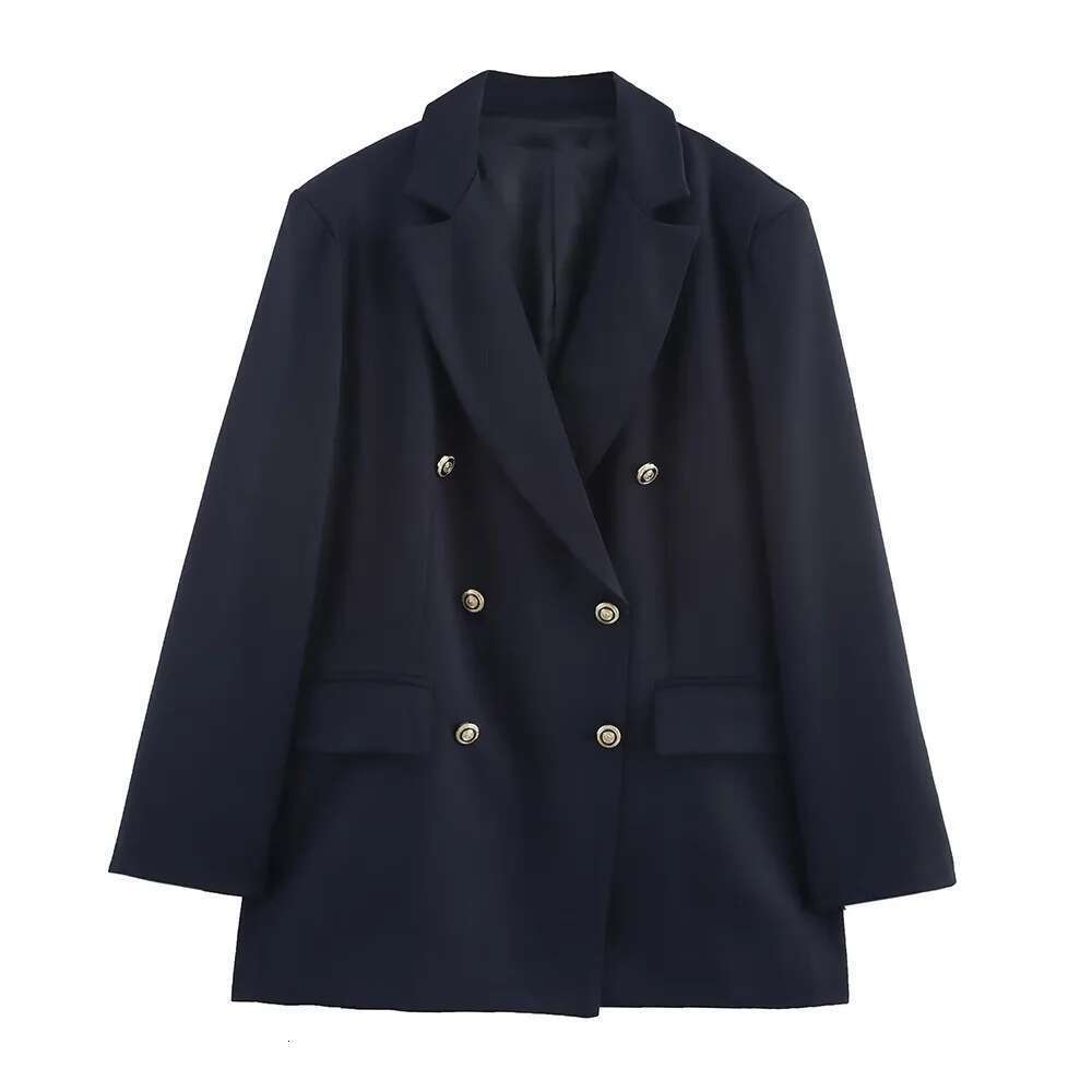 ZBZA Women's Oversized Jacket Lapel Long Sleeve Double Breasted Front Pocket Blazer Spring and Summer New Casual Chic Outerwear
