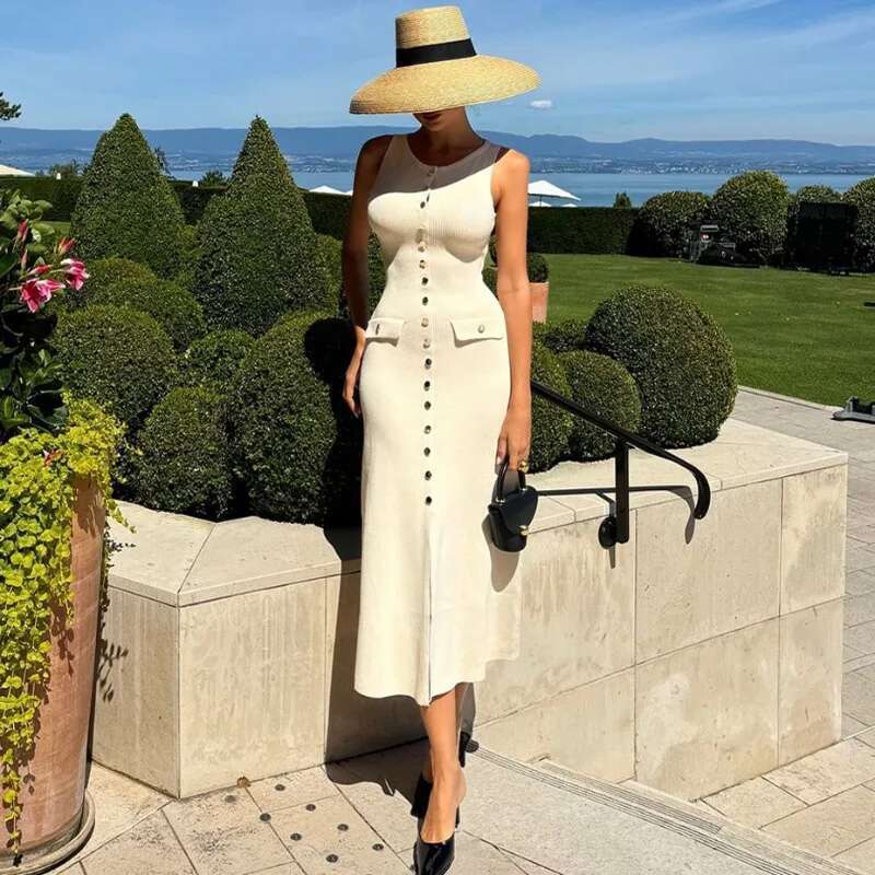 TARUXY Knitted Long Dress For Women Elegant Sleeveless Button Maxi Sweater Bodycon Dresses Female Party Fashion Vestidos