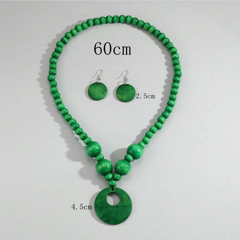 New Fashion Jewelry Set Bohemian Geometric Round Wooden Bead Pendant Necklace And Earrings For Women Vacation Accessories