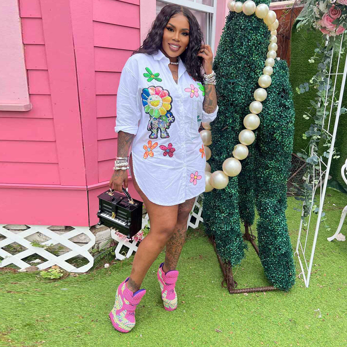 Women Shirt 2025 Spring Summer Printed Pearl Chain Trendy Long Sleeve Shirt Loose Medium Length