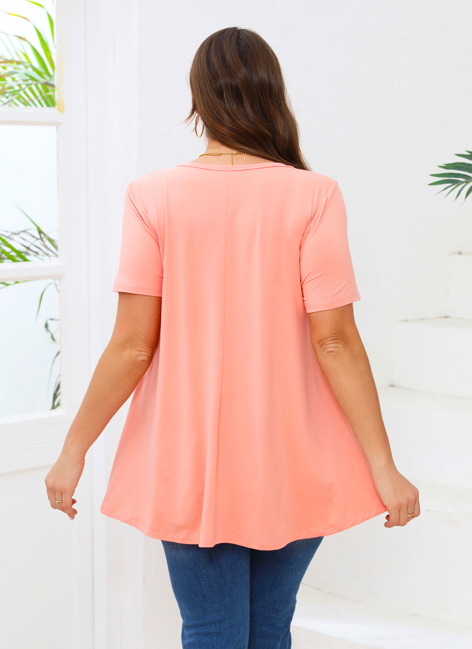 Tunic Tops for Women Plus Size Short Sleeve Crew Neck Swing Flare Loose T-Shirt Blouses to Wear with Leggings Coral Pink Tunic