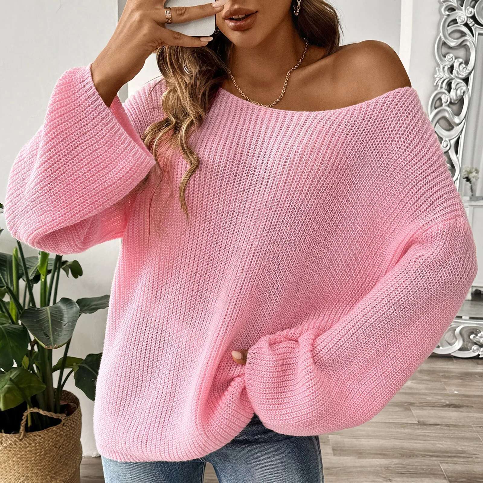 Traf Women'S Pullover Top Loose One Line Neck Off Shoulder Flare Sleeve Sweater Ropa Para Mujer Tops For Women fashion clothing women