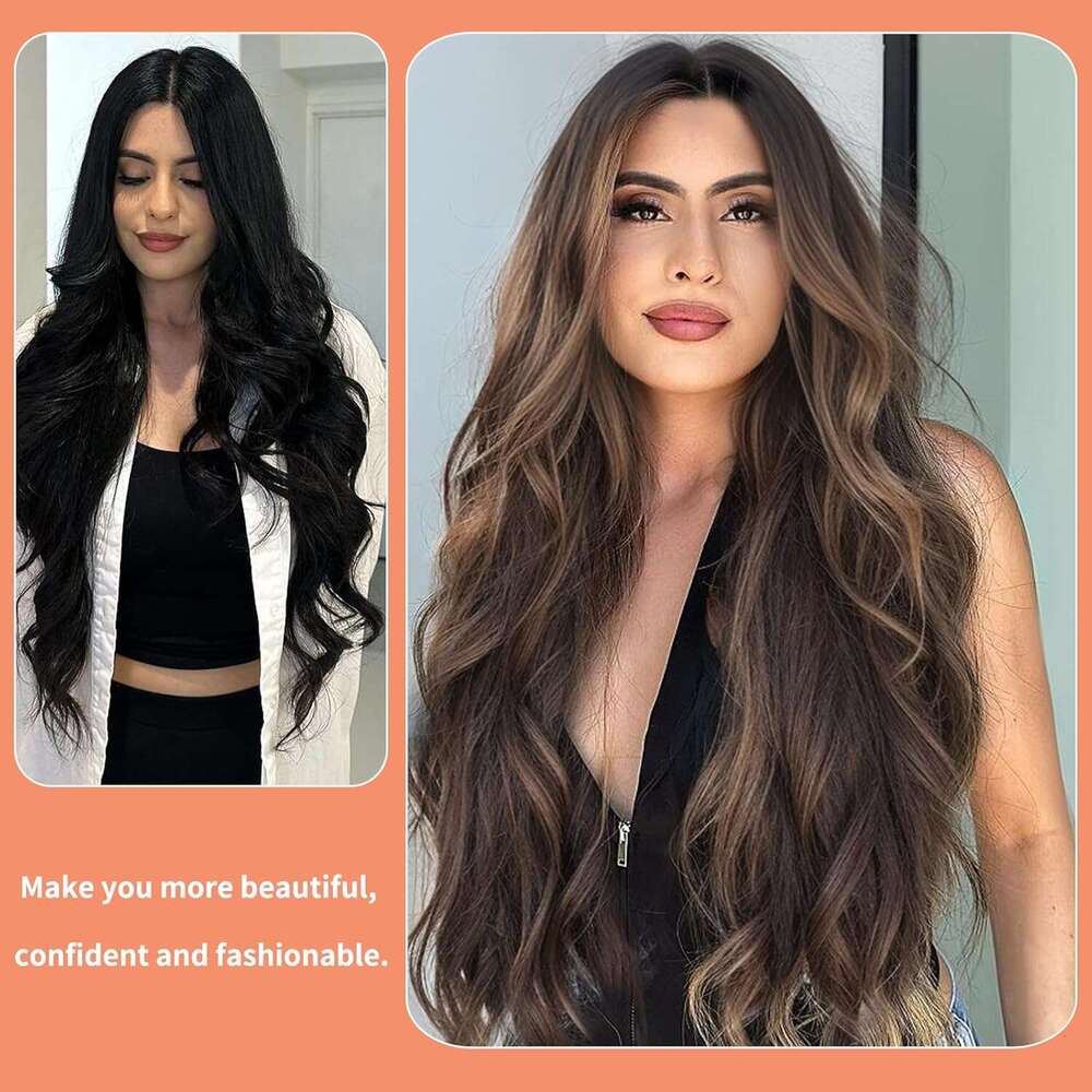 Seykiki Synthetic Front Wigs for Women Highlight Brown Mix Black Natural Wavy Glueless Ready to Wear 13x4x1 HD Lace Pre Plucked Middle Part Wig 26 Inc