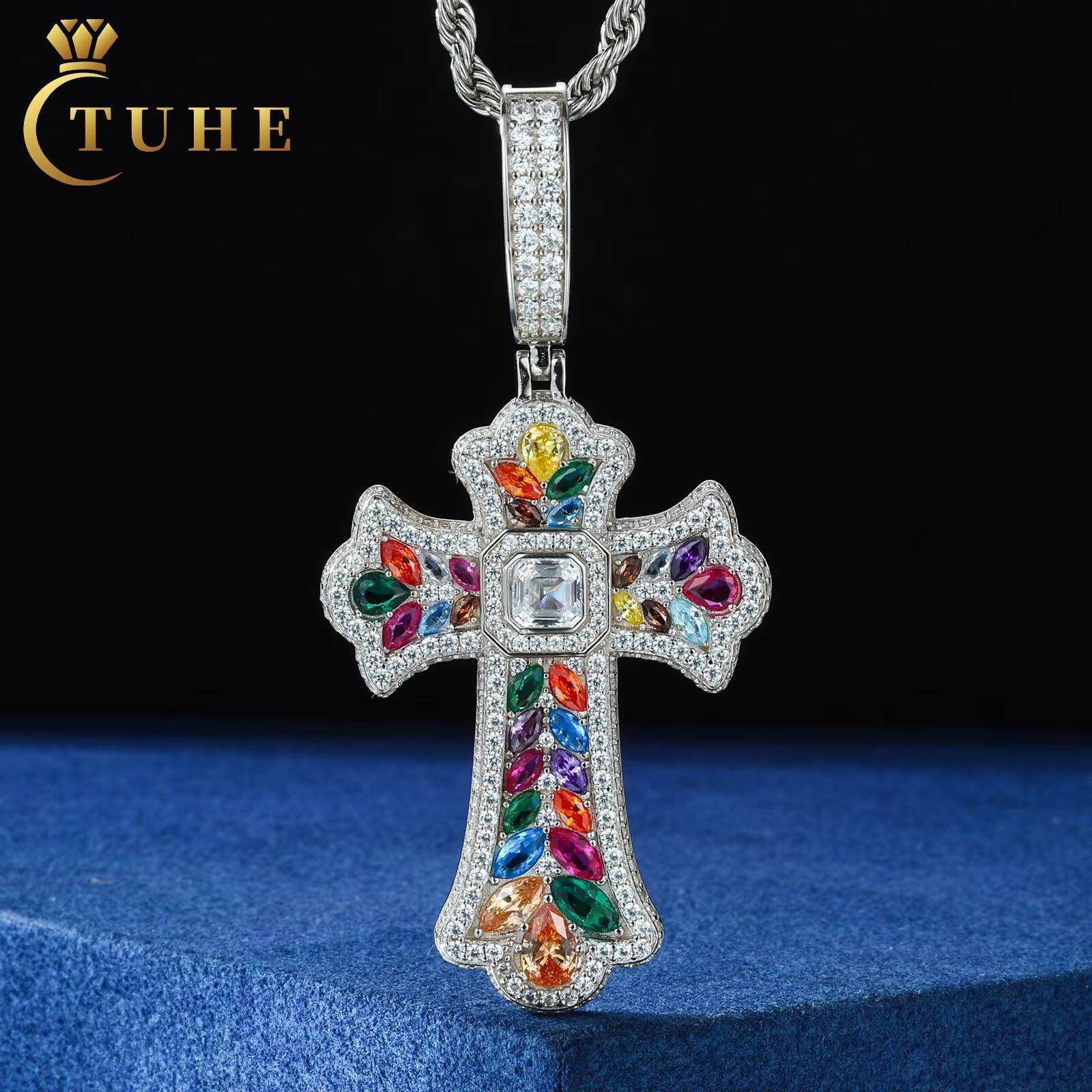 Personalize Design Hip Hop Jewelry 925 Silver VVS Moissanite Colored Cubic Zirconia Assorted Candy Iris Cross Pendant for Men