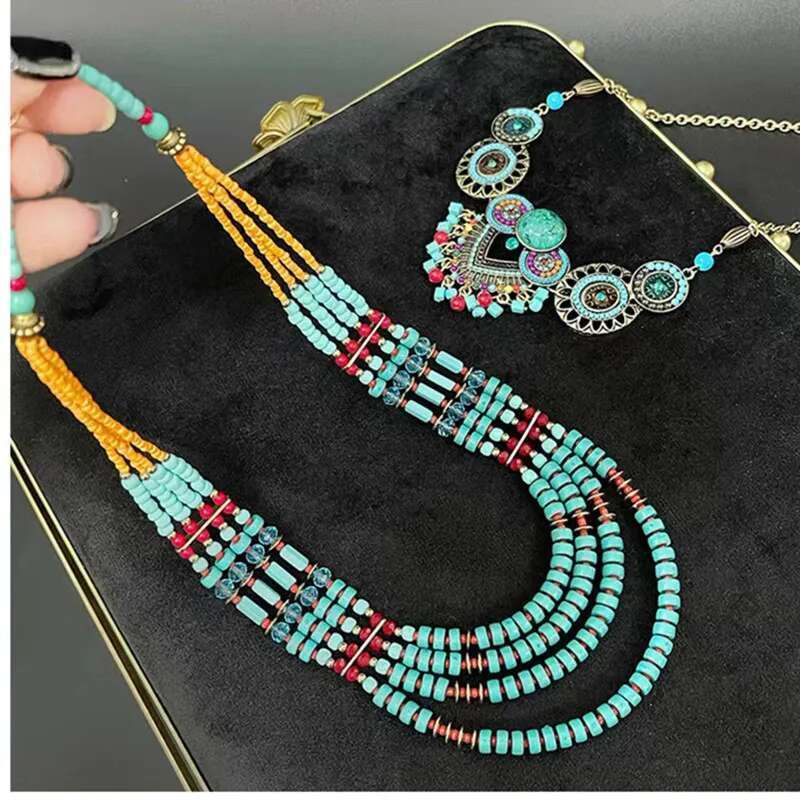 Fashion Boehmia Ethnic Multilayer Chains Green Color Vintage Handmade Beads Choker Collar Necklaces