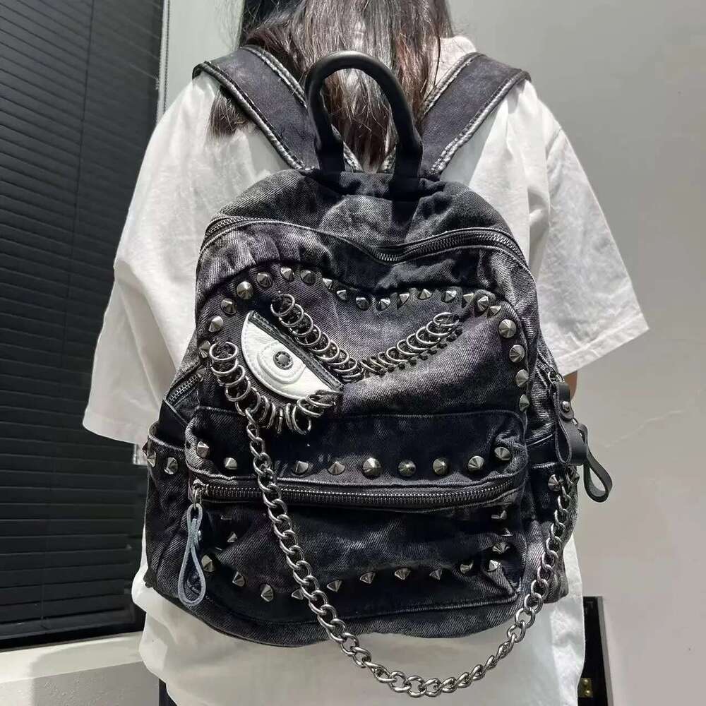 Women's Fashion Steampunk Denim Backpack Large Capacity Rivet Chain Shoulder Handbag