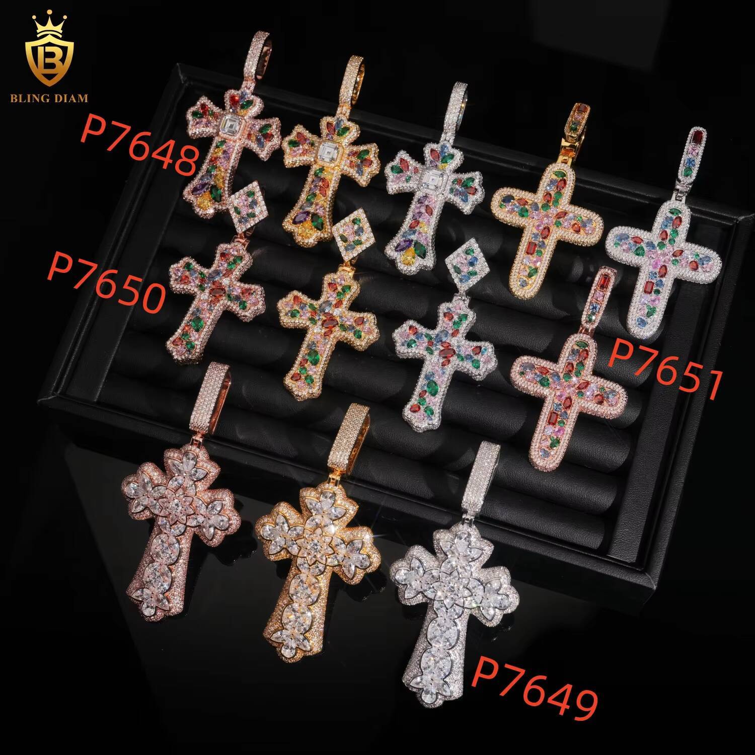 New Design Colorful Cross Iced Out Pendant Necklace Hip Hop Style Zircon Pendant Zircon Brass Pendant Fine Jewelry for MenWomen