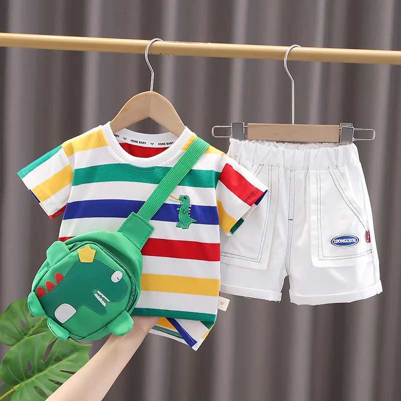 Summer Cute Cartoon Dinosaur Fashion Childrens O-neck T-shirt+Shorts+Bag Preschool Baby Boy and Girl Clothing Set New Childrens Track and Field Clothi