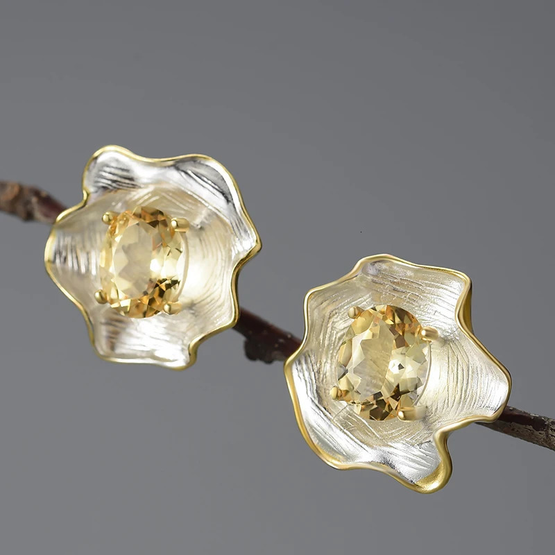 Fun Natural Topaz Gemstone Curled Leaf Stud Earrings for Women 925 Sterling Silver Vintage Baroque Style Jewelry250422