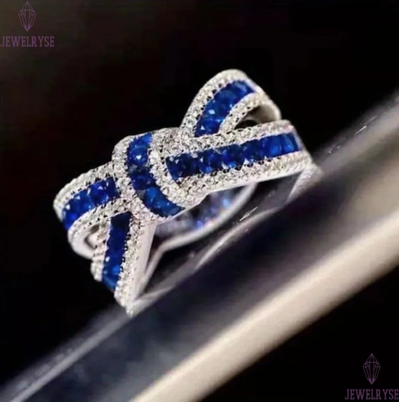 Choucong Brand Wedding Rings Classical Jewelry 925 Sterling Silver Blue Sapphire Round Cut Zircon CZ Diamond Elegant Bow Women Cross Band Ring Gift