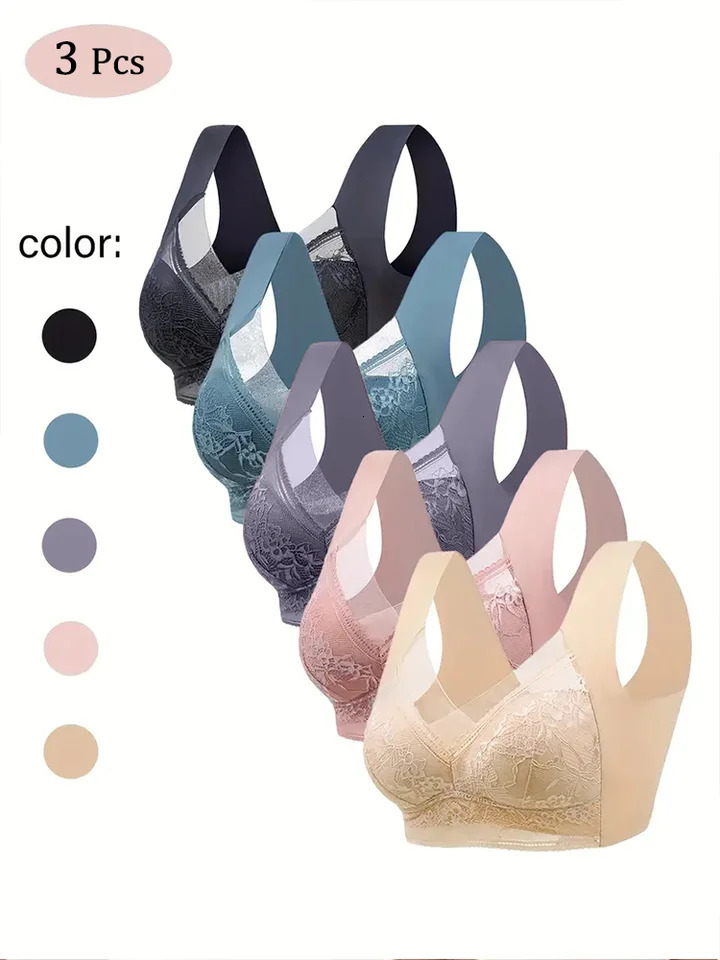 3 pieces of womens lace bra see through ice pushing silk deep V Bralette sexy lingerie top enlarged size cup mother L5XL 250430
