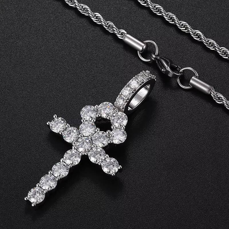 European American Trend S925 Sterling Silver 5mm Moissanite Cross Pendant Mens Gold Rhodium-Plated Hip Hop Style Necklace