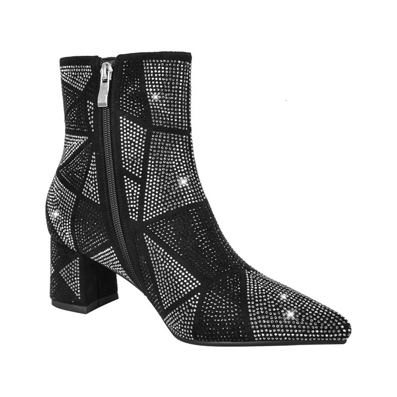 Onlymaker Women Rhinestone Ankle Boots Pointed Toe Black Block Heel Pull-On Glitter Handmade Female Boots 250428