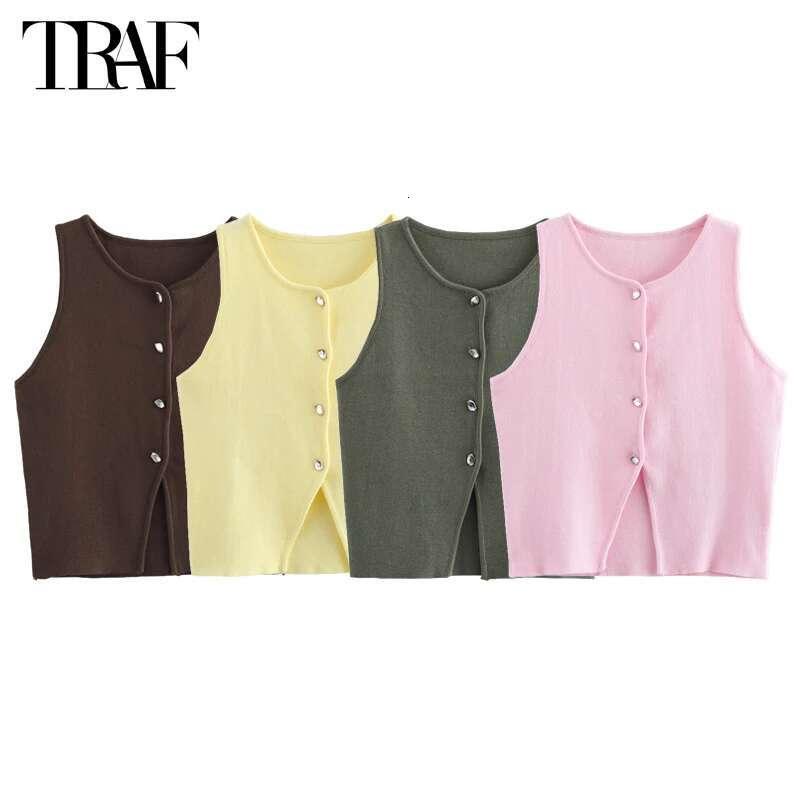 TRAF Pink Knit Sleeveless Cropped Sweater Vest Top Yellow Button Vests for Women Streetwear Waistcoat Knitwears fashion clothing women