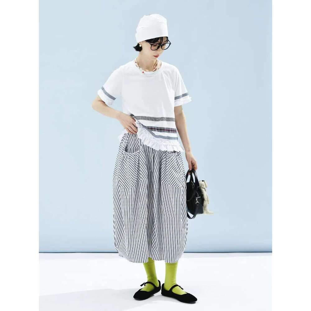 IMAKOKONI Original Design Elastic Waist Striped Print Pocket Skirt Women 244590
