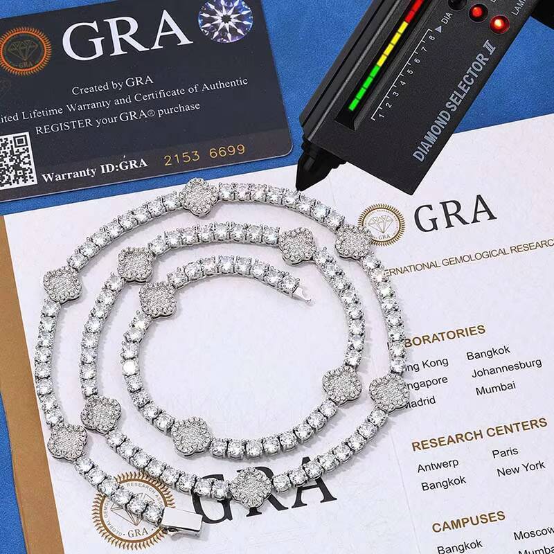 925 Silver Iced Out Tennis Chain VVS Tennis Chain Moissanite 925 SIlver Four Leaf Flower Chain with GRA Certificate