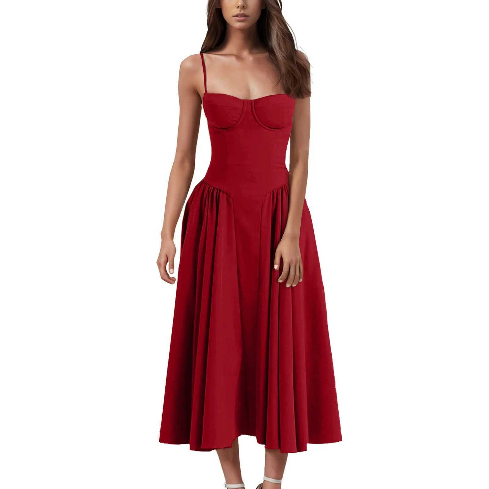 Elegant Italian spaghetti shoulder strap sleeveless A-line Midi womens summer new item backless pleated slip skirt womens fashionable loose dress W250