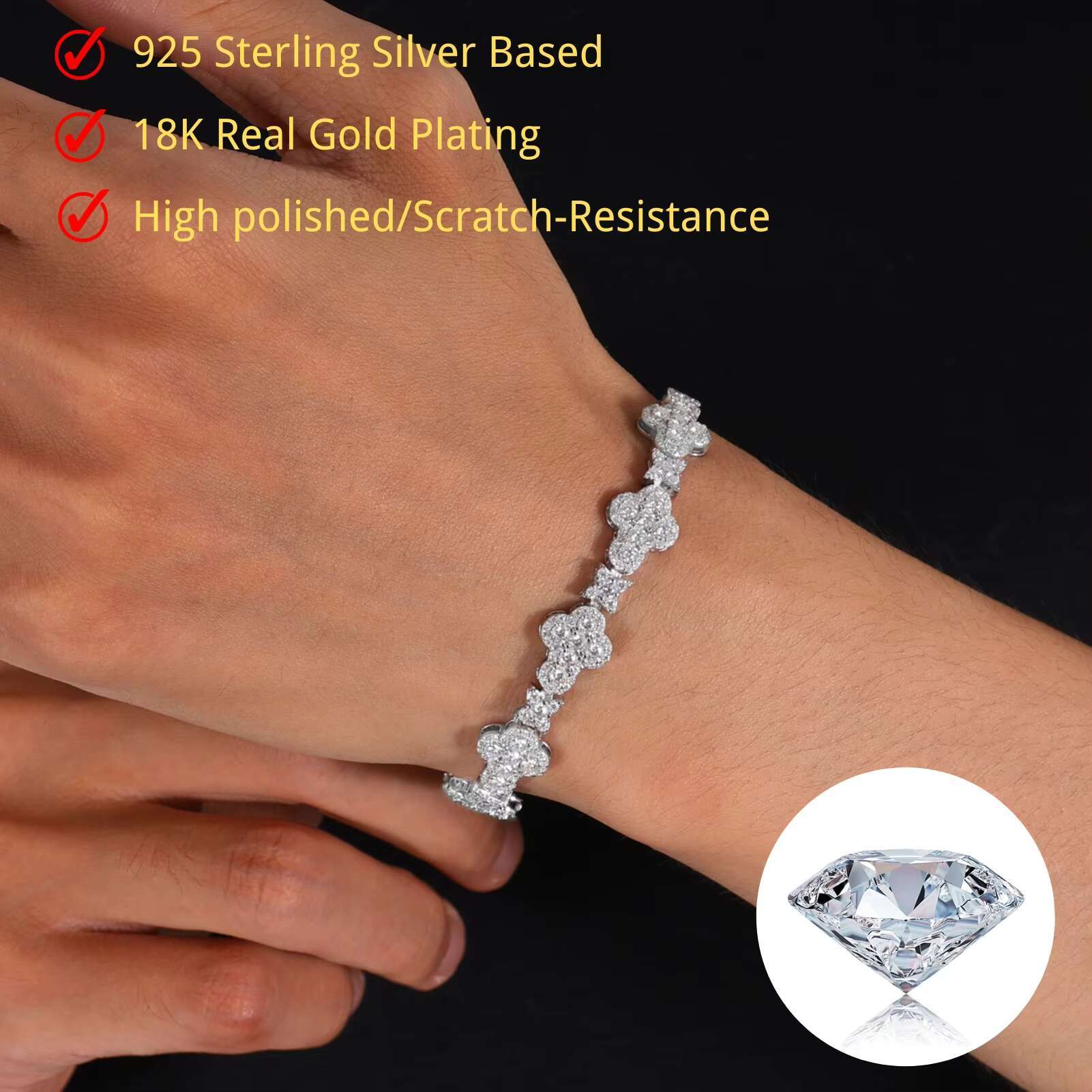 Versatile Mens 10mm White Gold Plated 925 Sterling Silver VVS Moissanite Diamond Iced Star Cross Link Bracelet for Parties