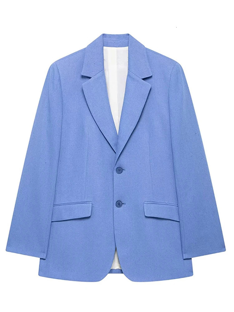 Elegant Blue Womens Sports Jacket Set Solid Collar Button Pocket Coat Wide Zipper Pants SpringSummer Urban Clothing 250530