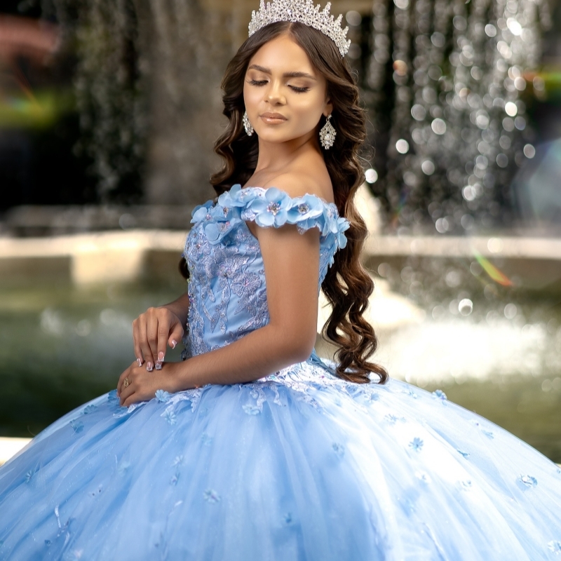 Sky Blue Quinceanera Dresses Off Shoulder Ball Gown Sweet 16 Dress Applique Flower Beads Tull Birthday Party Vestidos 15 Anos