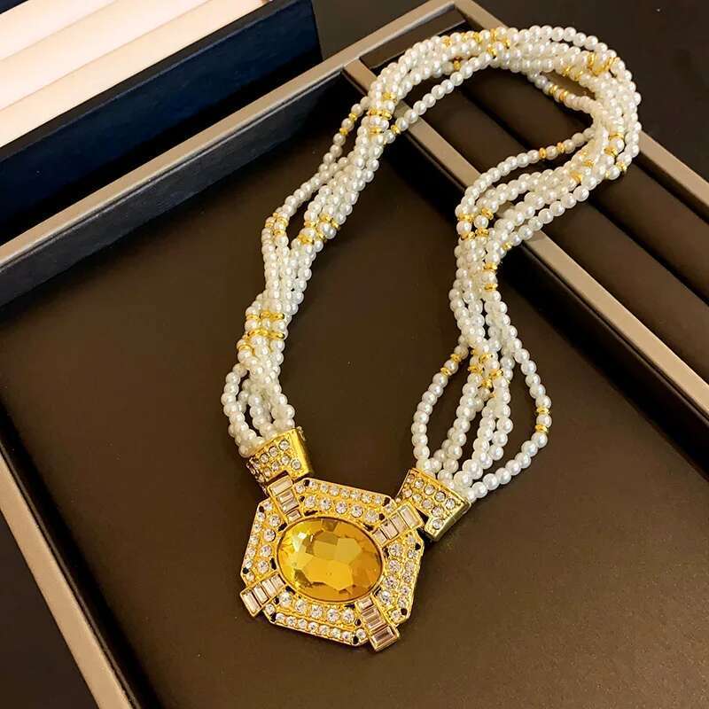 Square Rhinestone Pearl Pendant Necklaces Occidental Heavy Industry Court Style Niche Temperament Collarbone Chains Jewelry Sets
