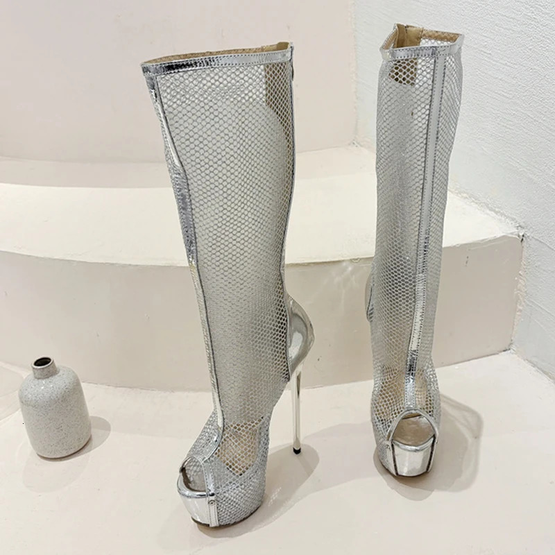 Liyke Sexy Peep Toe Gold Heels Stripper Pole Dance Platform Boots For Women Zip Fashion Mesh Knee High Shoes Female Botas Mujer 250428