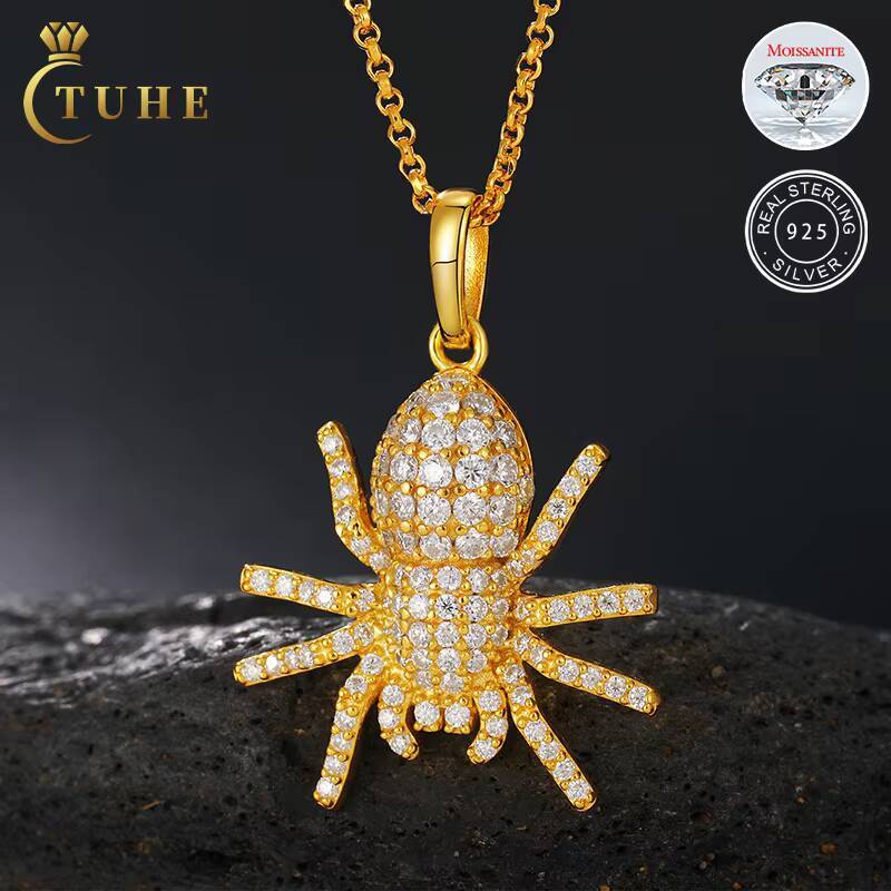 Hip Hop VVS Moissanite Spider Pendant Necklace 18K Gold Plated Sterling Silver VVS Diamond Pendant