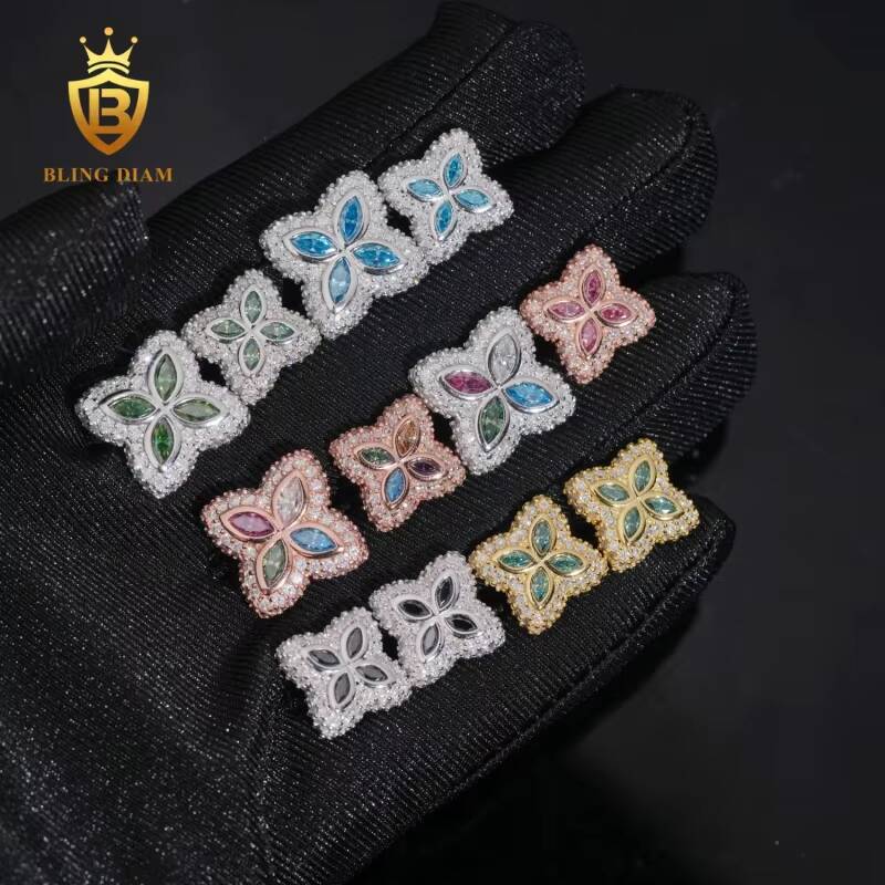 Hot Sale GRA Certificate VVS1Iced Out Colored Moissanite Four-Leaf Clover Earrings 925 Sterling Silver Gold Plated Hiphop Style