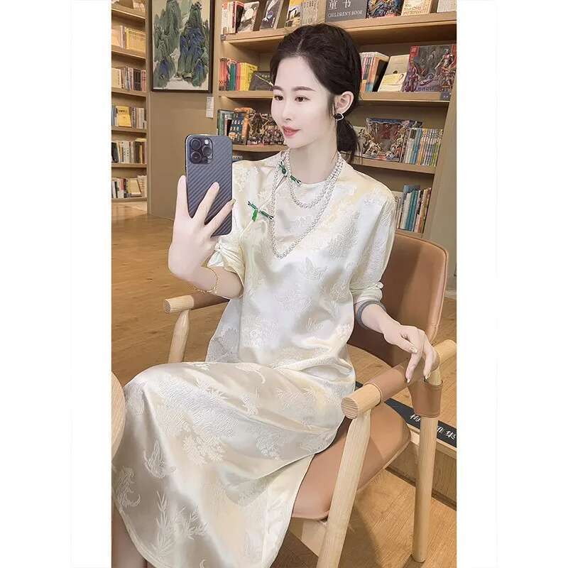 New Chinese Style Heavy Mmi Silk Short Sleeve Cheongsam Dress For Women